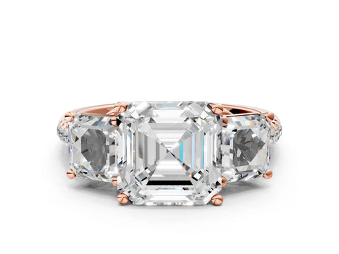 Rose gold Three-Stone Asscher Cut Diamond Ring with Round with Moissanite side stone Pavé Band and Prong Setting