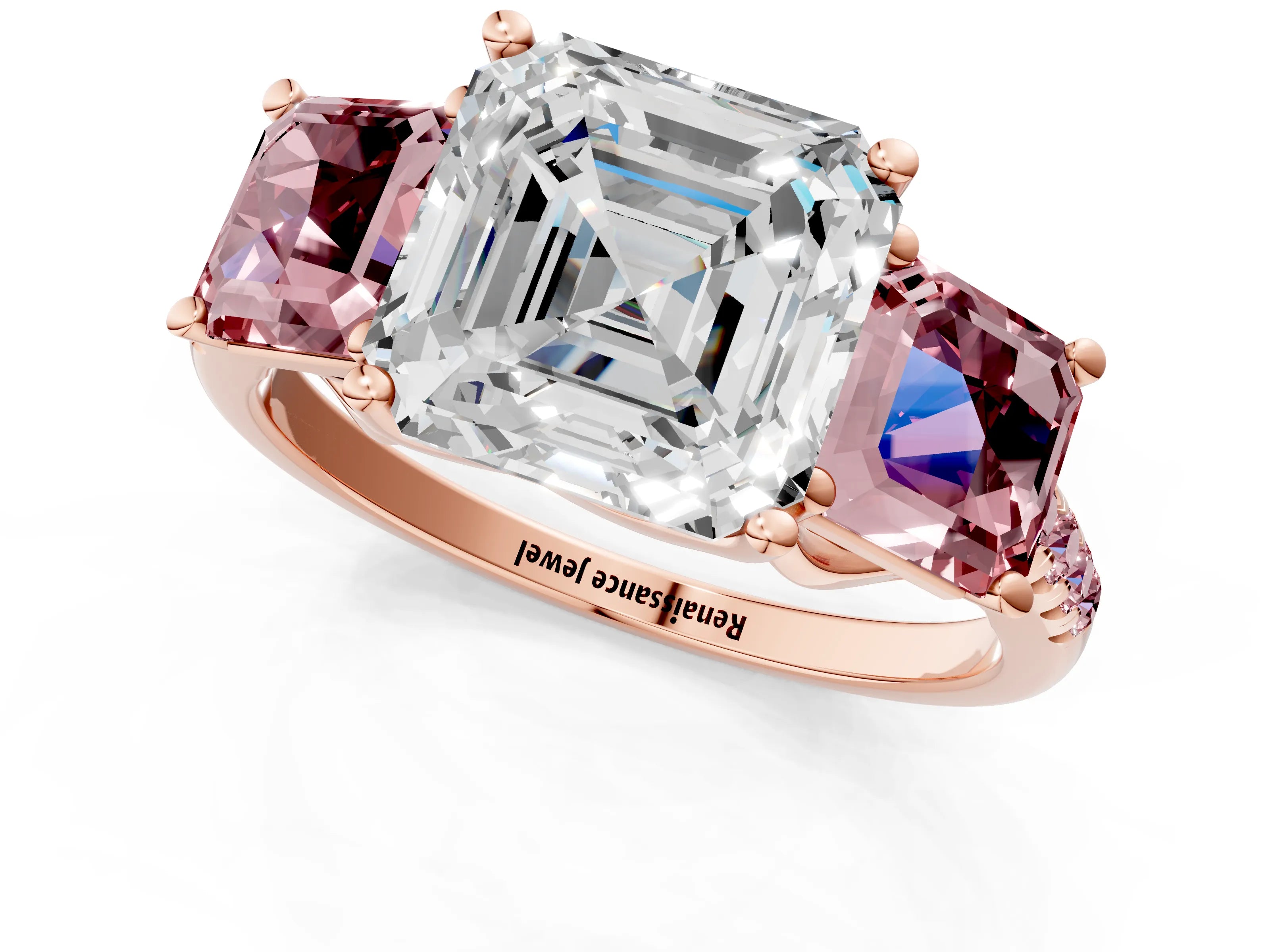 Rose gold Three-Stone Asscher Cut Diamond Ring with Round with Morganite side stone Pavé Band and Prong Setting_1