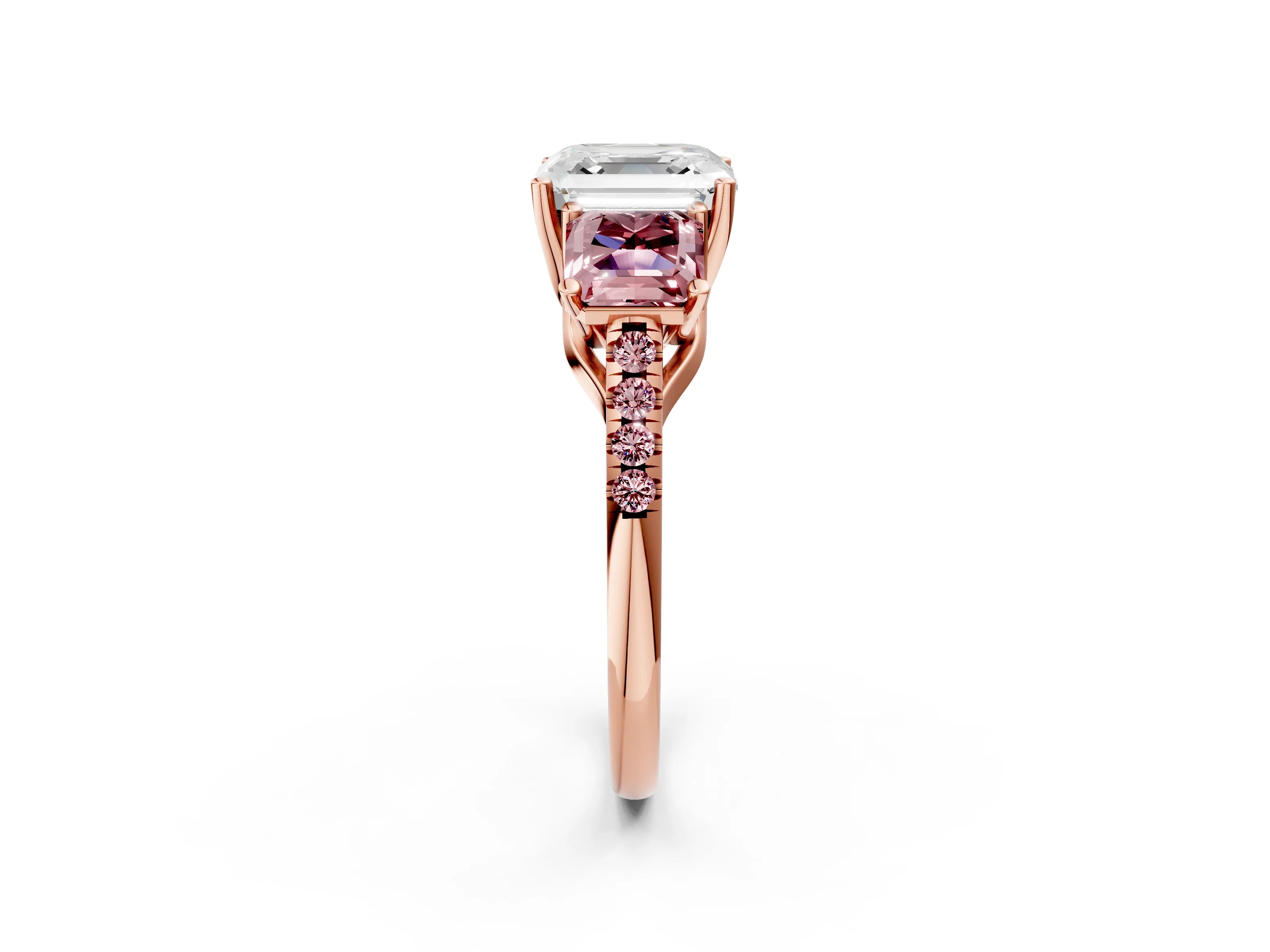 Rose gold Three-Stone Asscher Cut Diamond Ring with Round with Morganite side stone Pavé Band and Prong Setting_2