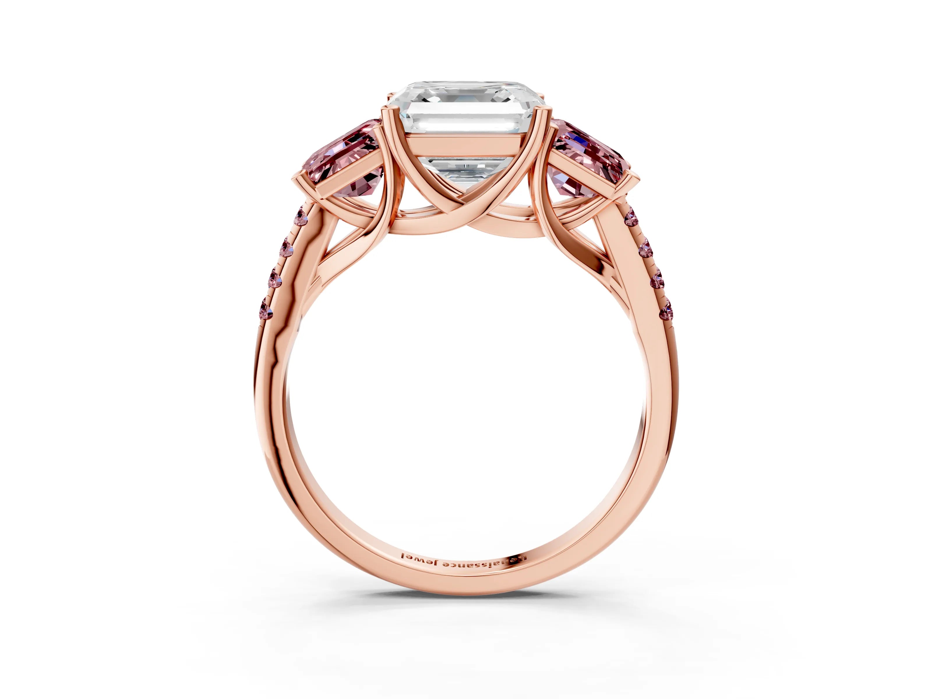 Rose gold Three-Stone Asscher Cut Diamond Ring with Round with Morganite side stone Pavé Band and Prong Setting_3
