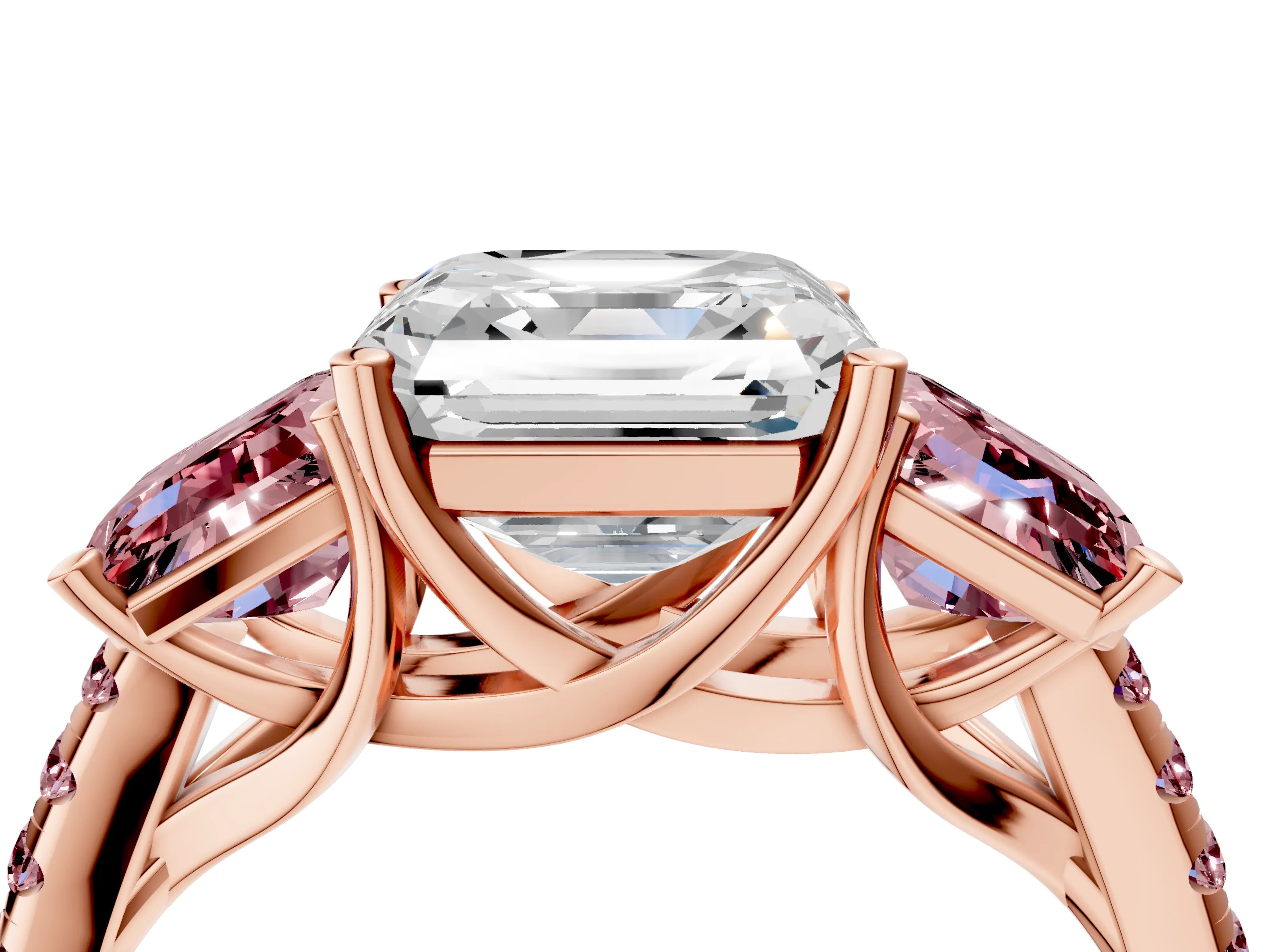 Rose gold Three-Stone Asscher Cut Diamond Ring with Round with Morganite side stone Pavé Band and Prong Setting_4