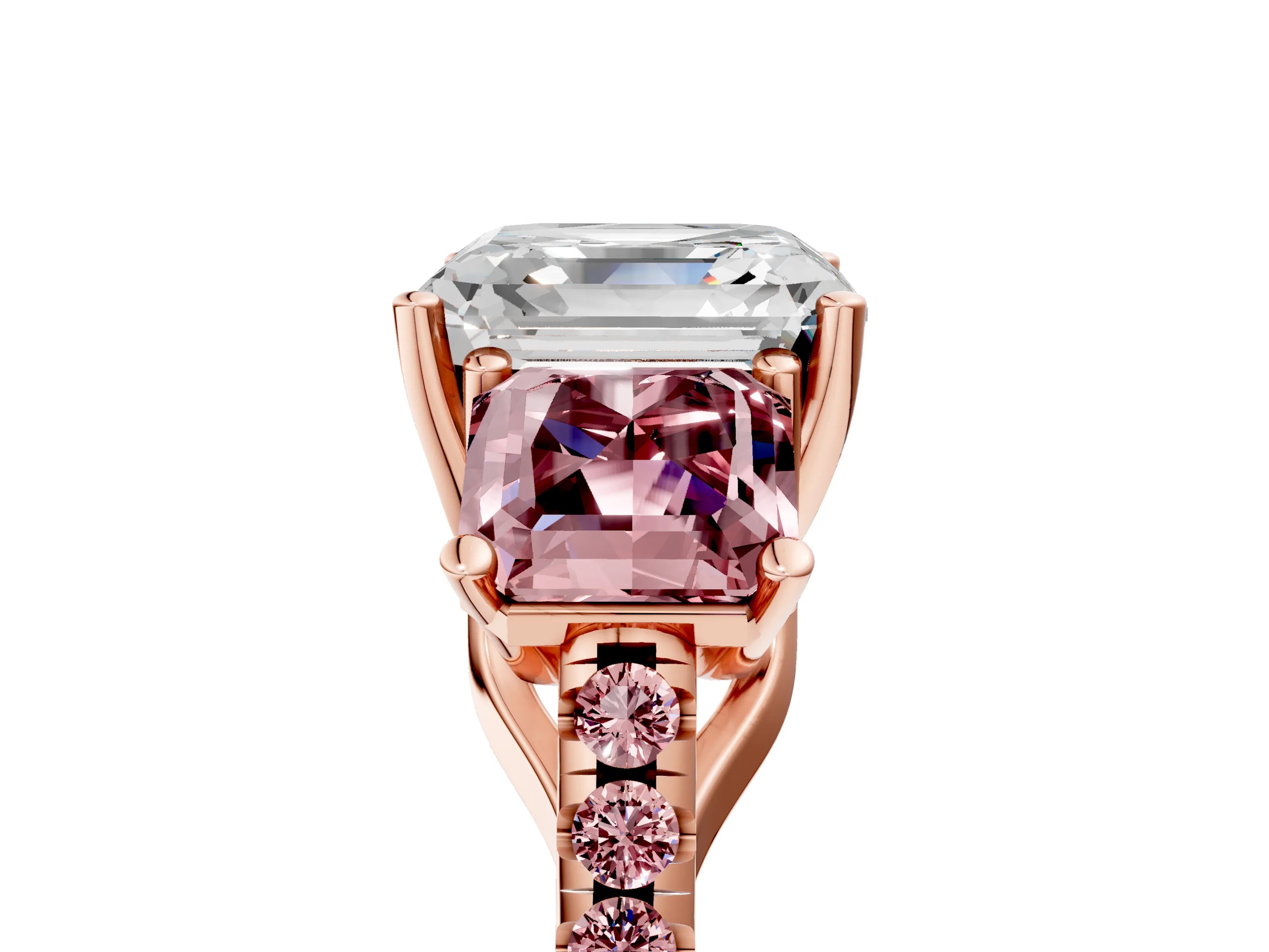 Rose gold Three-Stone Asscher Cut Diamond Ring with Round with Morganite side stone Pavé Band and Prong Setting_5