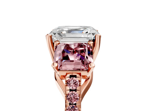 Rose gold Three-Stone Asscher Cut Diamond Ring with Round with Morganite side stone Pavé Band and Prong Setting_5