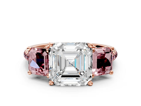 Rose gold Three-Stone Asscher Cut Diamond Ring with Round with Morganite side stone Pavé Band and Prong Setting
