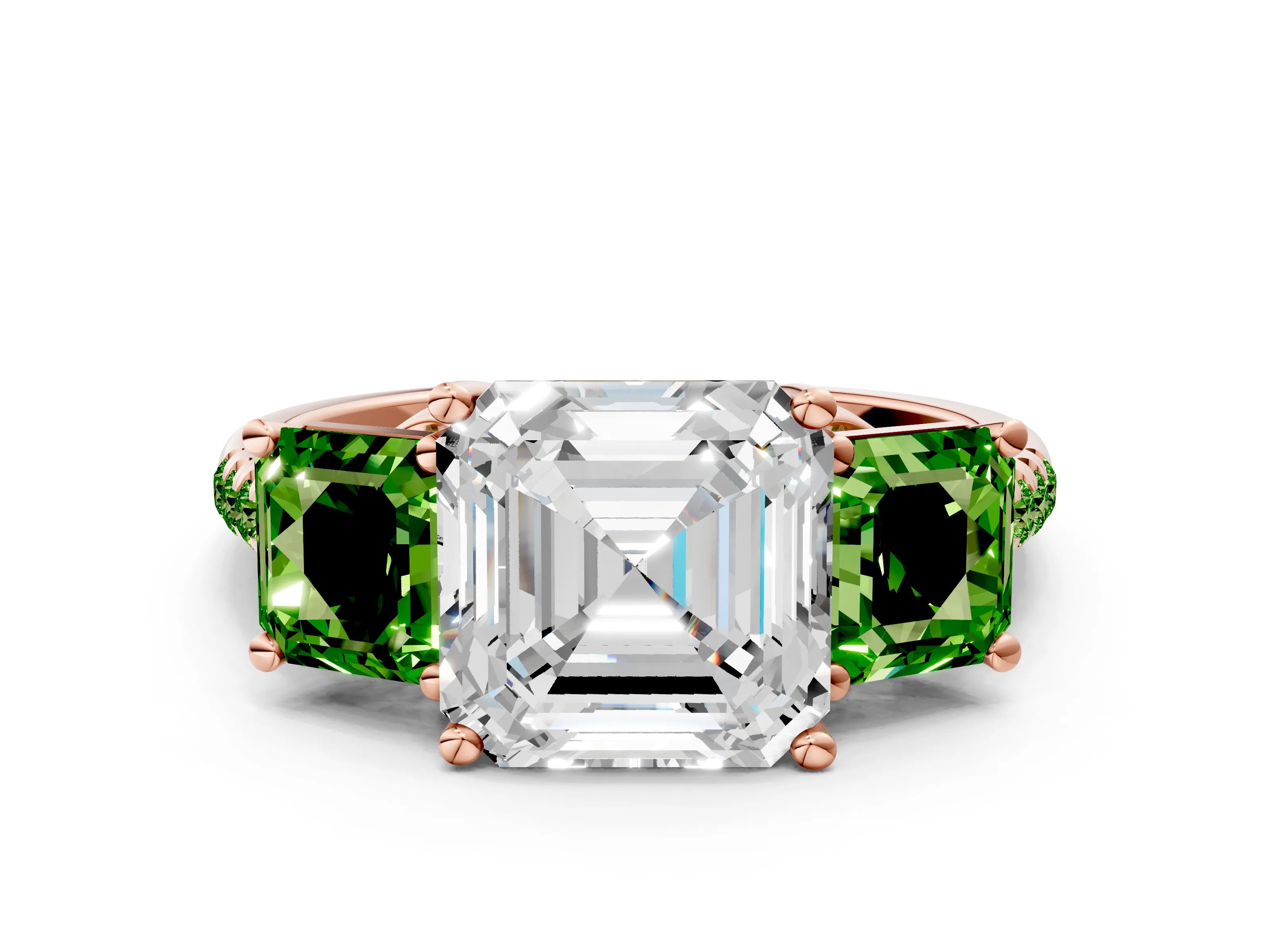 Rose gold Three-Stone Asscher Cut Diamond Ring with Round with Peridot side stone Pavé Band and Prong Setting