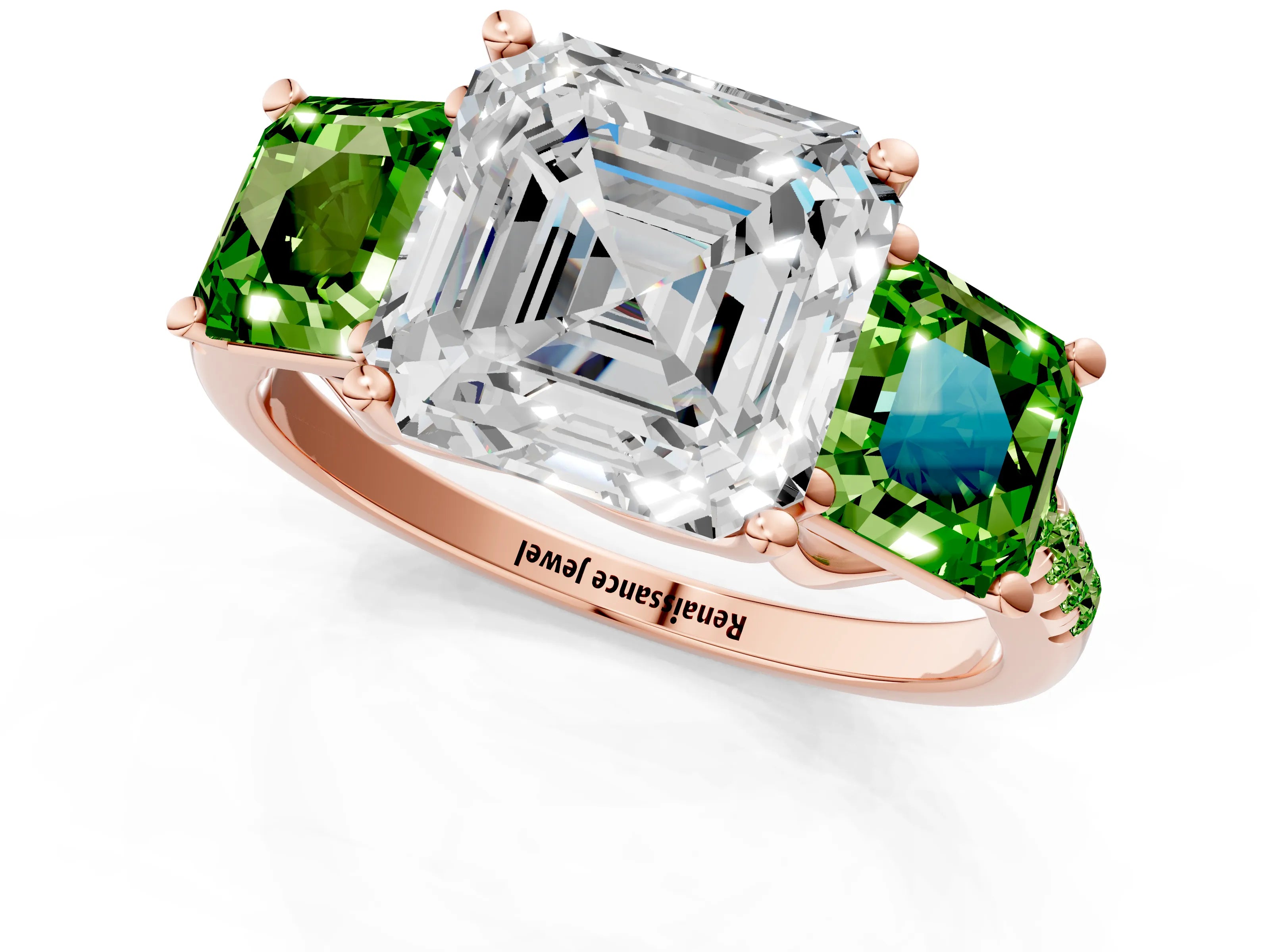 Rose gold Three-Stone Asscher Cut Diamond Ring with Round with Peridot side stone Pavé Band and Prong Setting_1