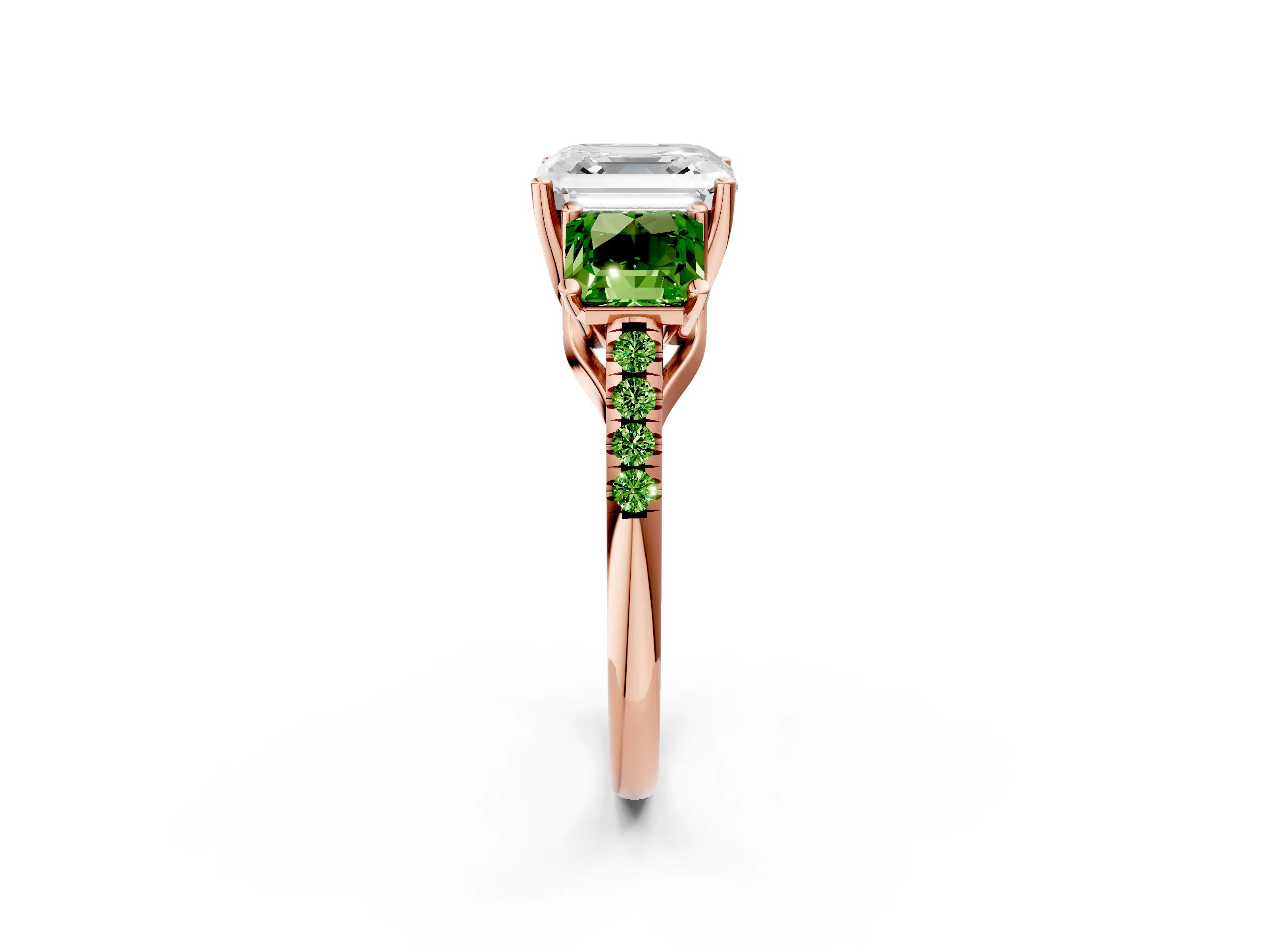 Rose gold Three-Stone Asscher Cut Diamond Ring with Round with Peridot side stone Pavé Band and Prong Setting_2