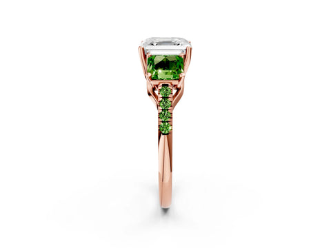 Rose gold Three-Stone Asscher Cut Diamond Ring with Round with Peridot side stone Pavé Band and Prong Setting_2