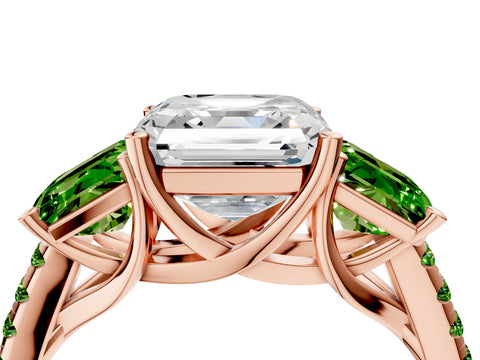 Rose gold Three-Stone Asscher Cut Diamond Ring with Round with Peridot side stone Pavé Band and Prong Setting_4