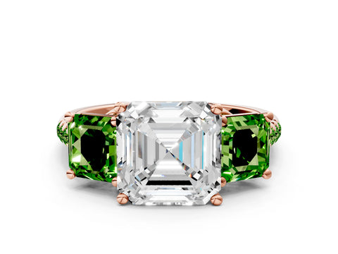 Rose gold Three-Stone Asscher Cut Diamond Ring with Round with Peridot side stone Pavé Band and Prong Setting