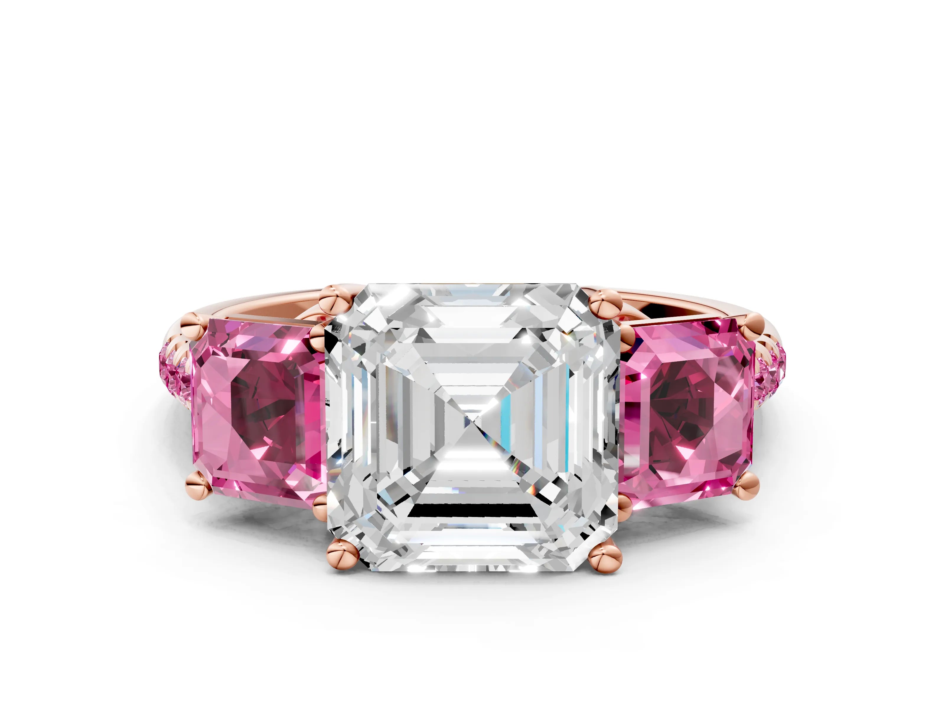 Rose gold Three-Stone Asscher Cut Diamond Ring with Round with Pink Sapphire side stone Pavé Band and Prong Setting