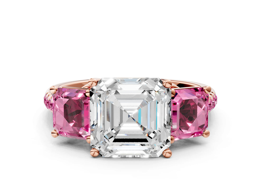 Rose gold Three-Stone Asscher Cut Diamond Ring with Round with Pink Sapphire side stone Pavé Band and Prong Setting