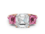 Rose gold Three-Stone Asscher Cut Diamond Ring with Round with Pink Sapphire side stone Pavé Band and Prong Setting