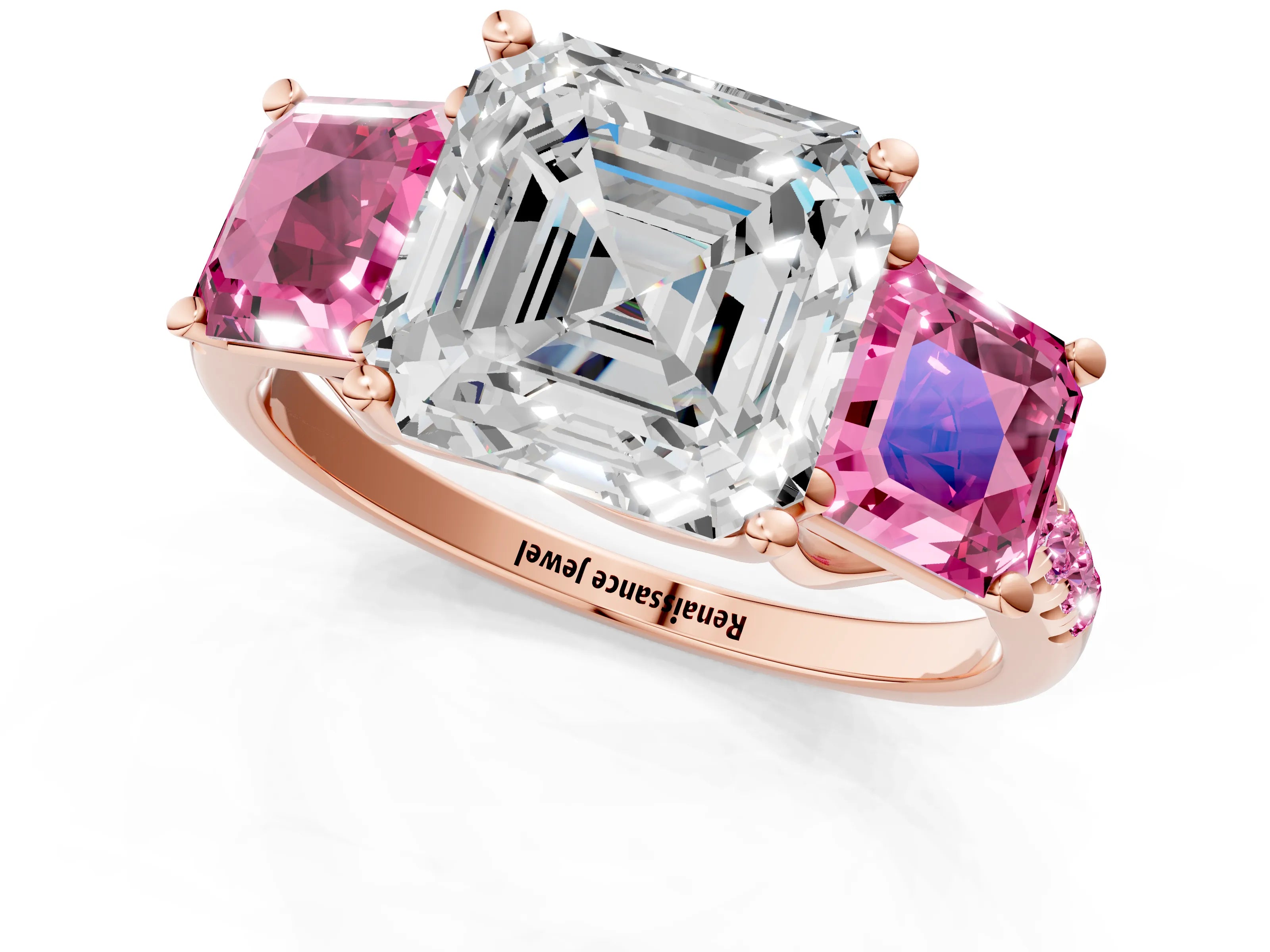 Rose gold Three-Stone Asscher Cut Diamond Ring with Round with Pink Sapphire side stone Pavé Band and Prong Setting_1