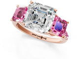 Rose gold Three-Stone Asscher Cut Diamond Ring with Round with Pink Sapphire side stone Pavé Band and Prong Setting_1
