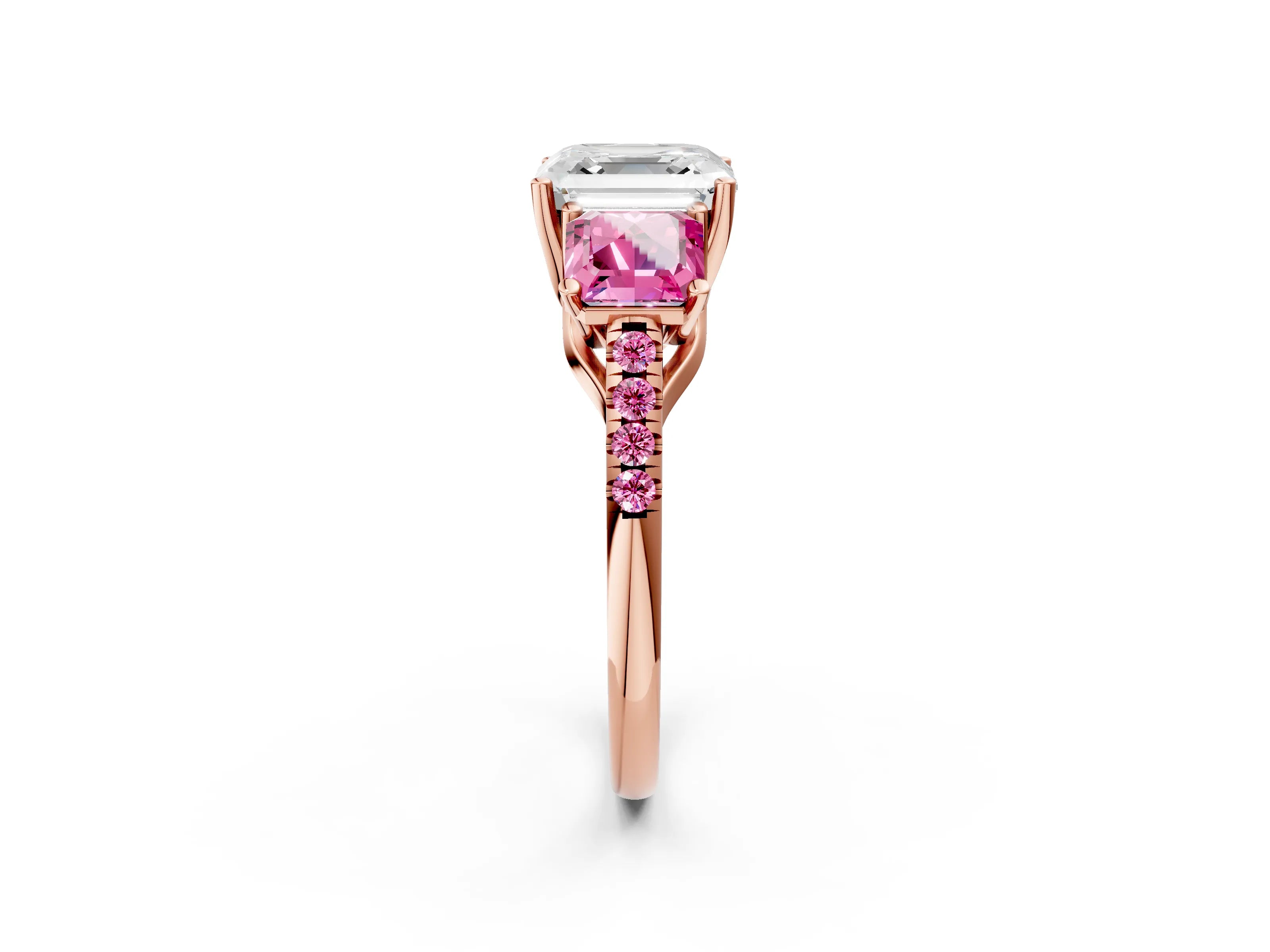 Rose gold Three-Stone Asscher Cut Diamond Ring with Round with Pink Sapphire side stone Pavé Band and Prong Setting_2