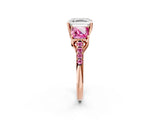 Rose gold Three-Stone Asscher Cut Diamond Ring with Round with Pink Sapphire side stone Pavé Band and Prong Setting_2