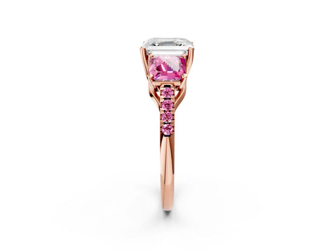 Rose gold Three-Stone Asscher Cut Diamond Ring with Round with Pink Sapphire side stone Pavé Band and Prong Setting_2