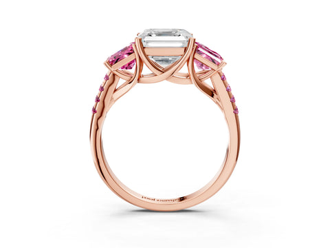 Rose gold Three-Stone Asscher Cut Diamond Ring with Round with Pink Sapphire side stone Pavé Band and Prong Setting_3