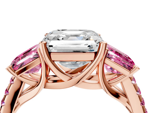 Rose gold Three-Stone Asscher Cut Diamond Ring with Round with Pink Sapphire side stone Pavé Band and Prong Setting_4