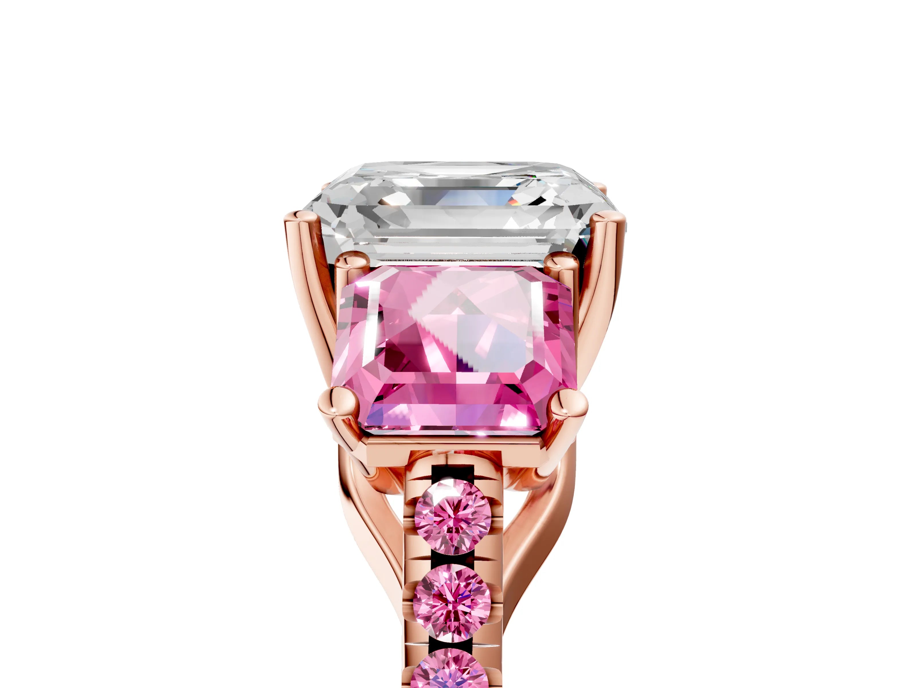 Rose gold Three-Stone Asscher Cut Diamond Ring with Round with Pink Sapphire side stone Pavé Band and Prong Setting_5