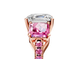 Rose gold Three-Stone Asscher Cut Diamond Ring with Round with Pink Sapphire side stone Pavé Band and Prong Setting_5
