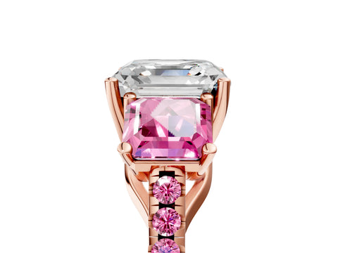 Rose gold Three-Stone Asscher Cut Diamond Ring with Round with Pink Sapphire side stone Pavé Band and Prong Setting_5