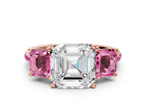 Rose gold Three-Stone Asscher Cut Diamond Ring with Round with Pink Sapphire side stone Pavé Band and Prong Setting