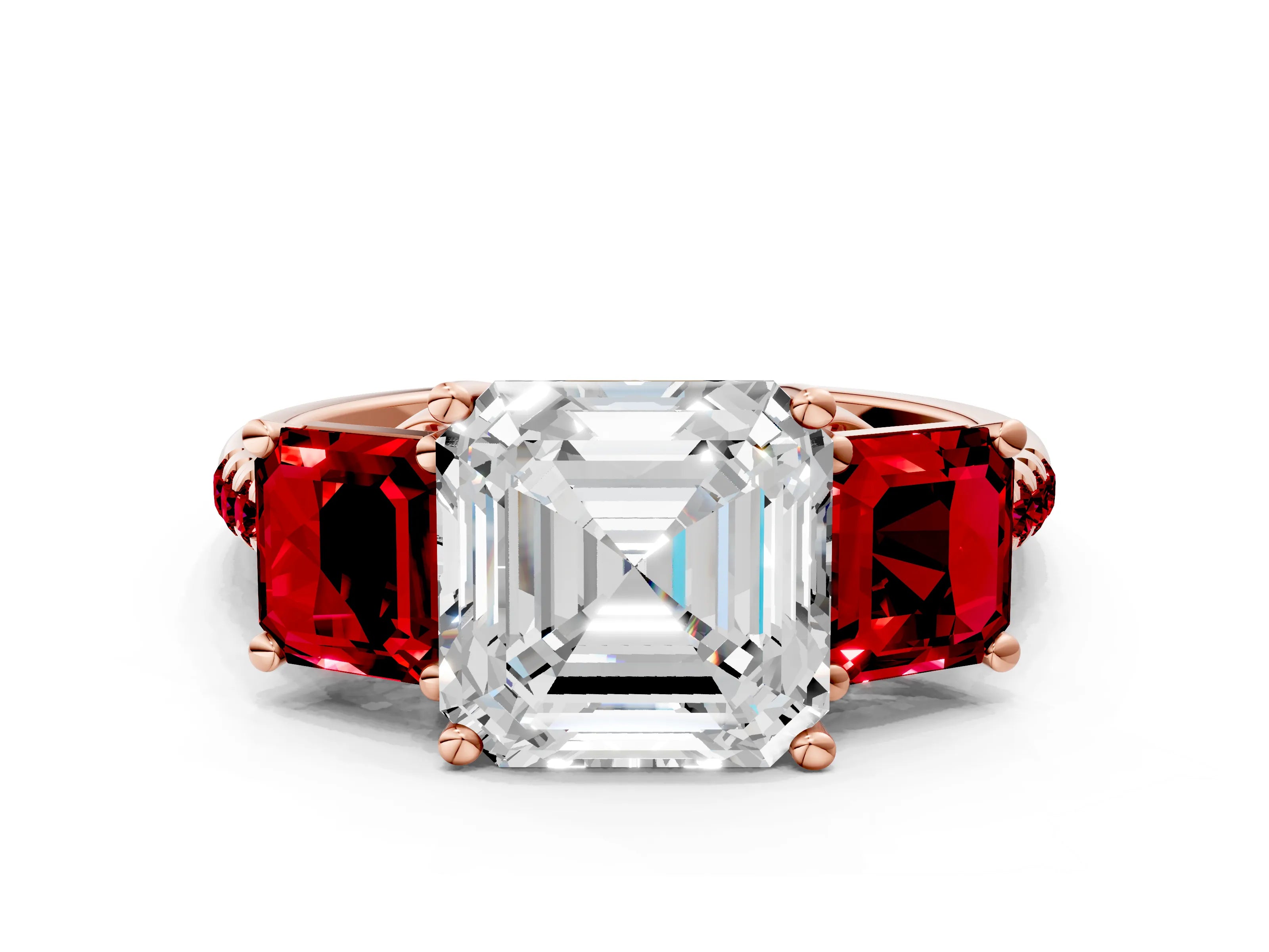 Rose gold Three-Stone Asscher Cut Diamond Ring with Round with Ruby side stone Pavé Band and Prong Setting