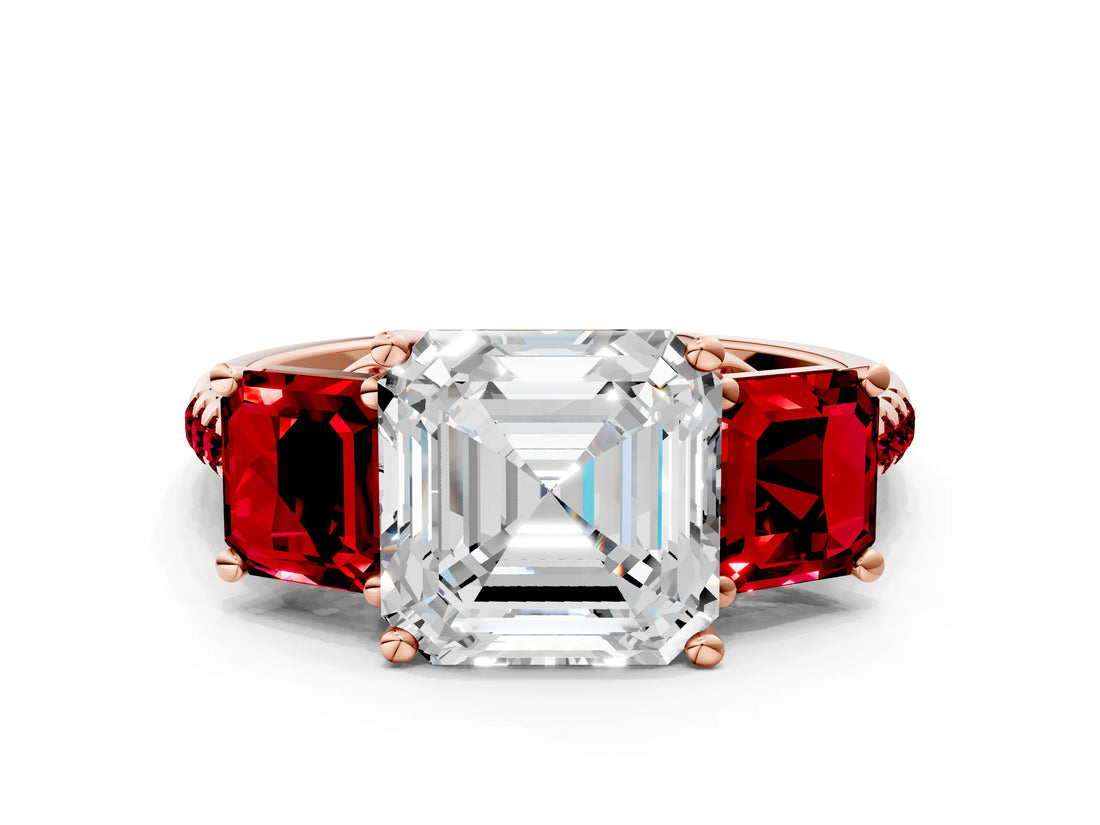 Rose gold Three-Stone Asscher Cut Diamond Ring with Round with Ruby side stone Pavé Band and Prong Setting