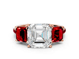 Rose gold Three-Stone Asscher Cut Diamond Ring with Round with Ruby side stone Pavé Band and Prong Setting
