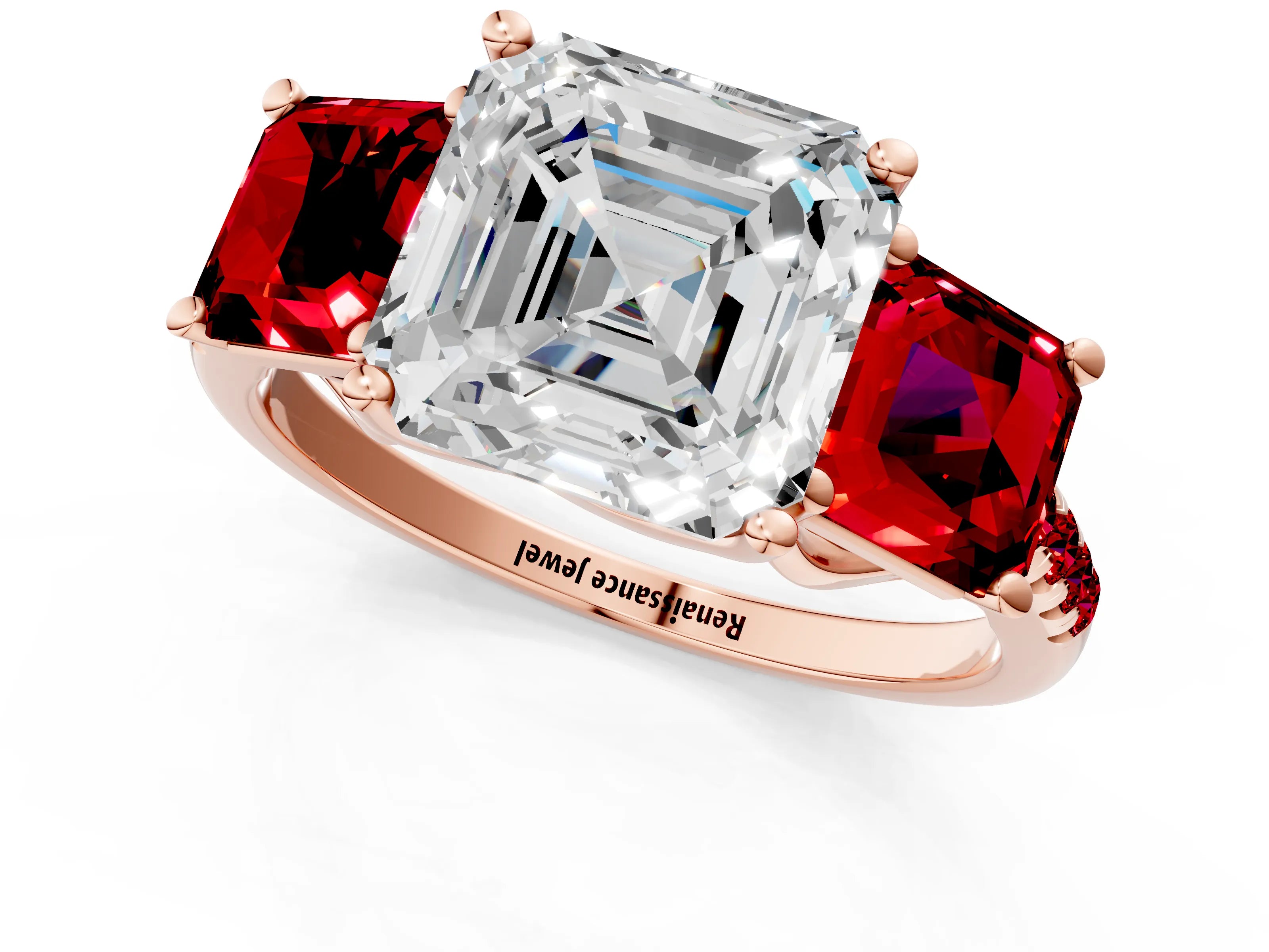 Rose gold Three-Stone Asscher Cut Diamond Ring with Round with Ruby side stone Pavé Band and Prong Setting_1