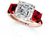 Rose gold Three-Stone Asscher Cut Diamond Ring with Round with Ruby side stone Pavé Band and Prong Setting_1