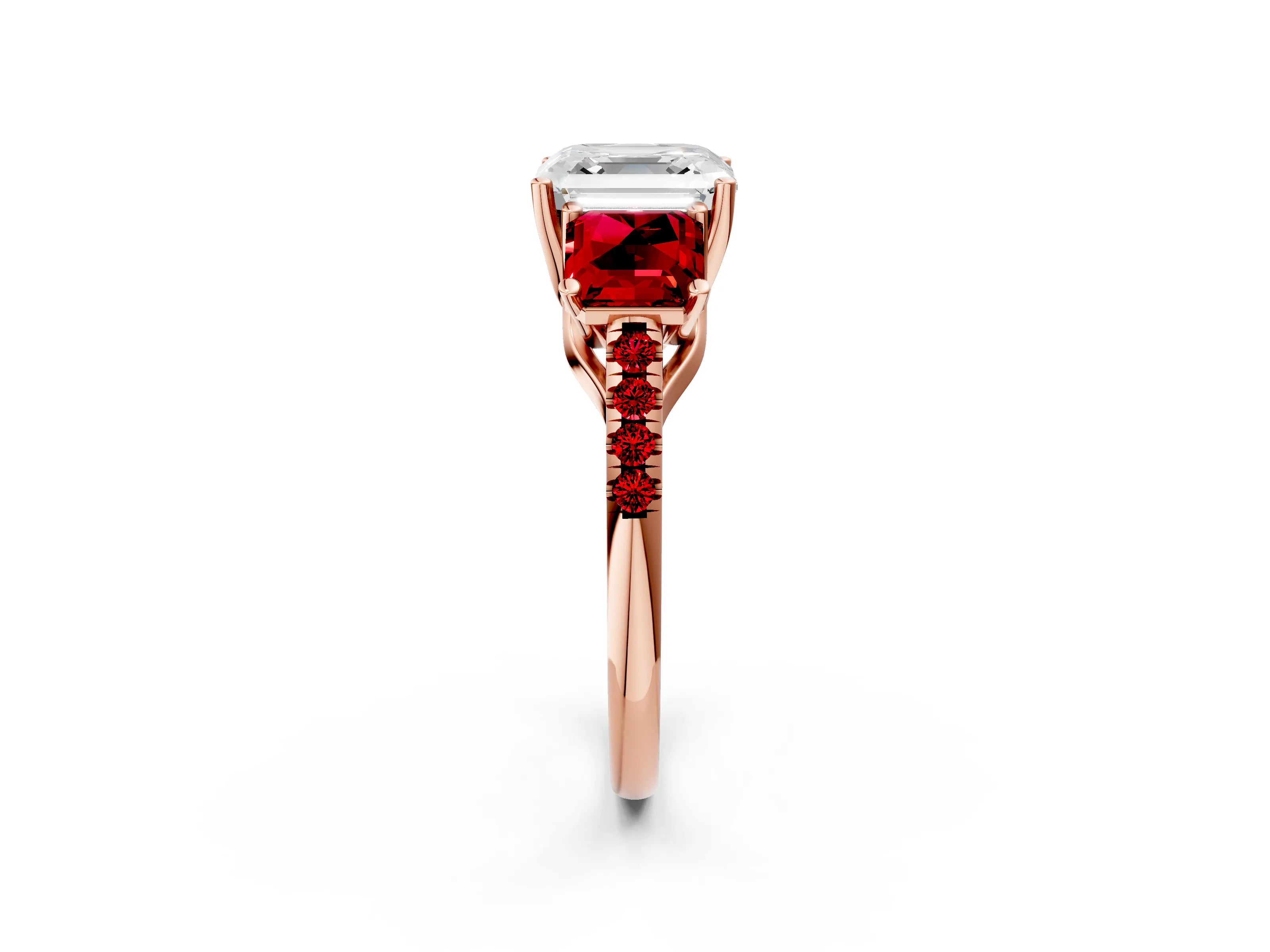 Rose gold Three-Stone Asscher Cut Diamond Ring with Round with Ruby side stone Pavé Band and Prong Setting_2