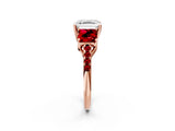 Rose gold Three-Stone Asscher Cut Diamond Ring with Round with Ruby side stone Pavé Band and Prong Setting_2