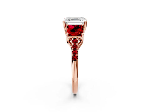 Rose gold Three-Stone Asscher Cut Diamond Ring with Round with Ruby side stone Pavé Band and Prong Setting_2