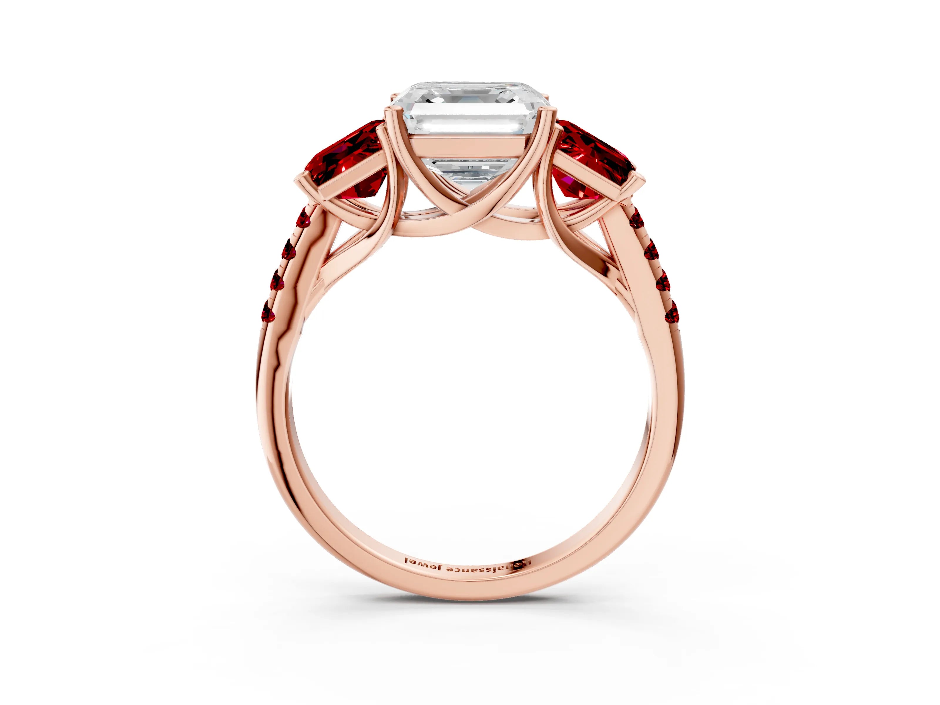 Rose gold Three-Stone Asscher Cut Diamond Ring with Round with Ruby side stone Pavé Band and Prong Setting_3