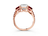 Rose gold Three-Stone Asscher Cut Diamond Ring with Round with Ruby side stone Pavé Band and Prong Setting_3