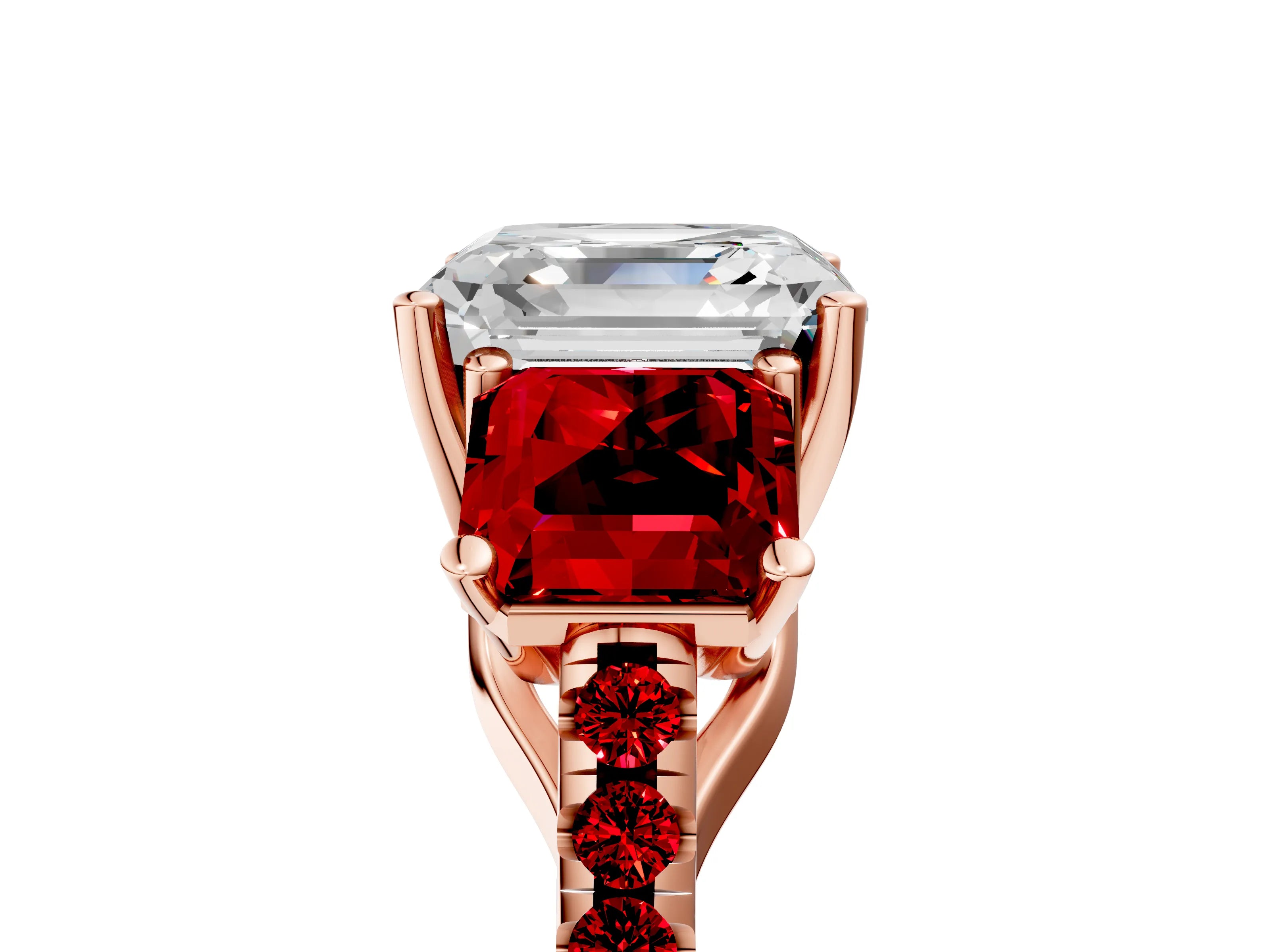 Rose gold Three-Stone Asscher Cut Diamond Ring with Round with Ruby side stone Pavé Band and Prong Setting_5