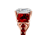 Rose gold Three-Stone Asscher Cut Diamond Ring with Round with Ruby side stone Pavé Band and Prong Setting_5