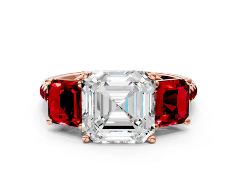 Rose gold Three-Stone Asscher Cut Diamond Ring with Round with Ruby side stone Pavé Band and Prong Setting