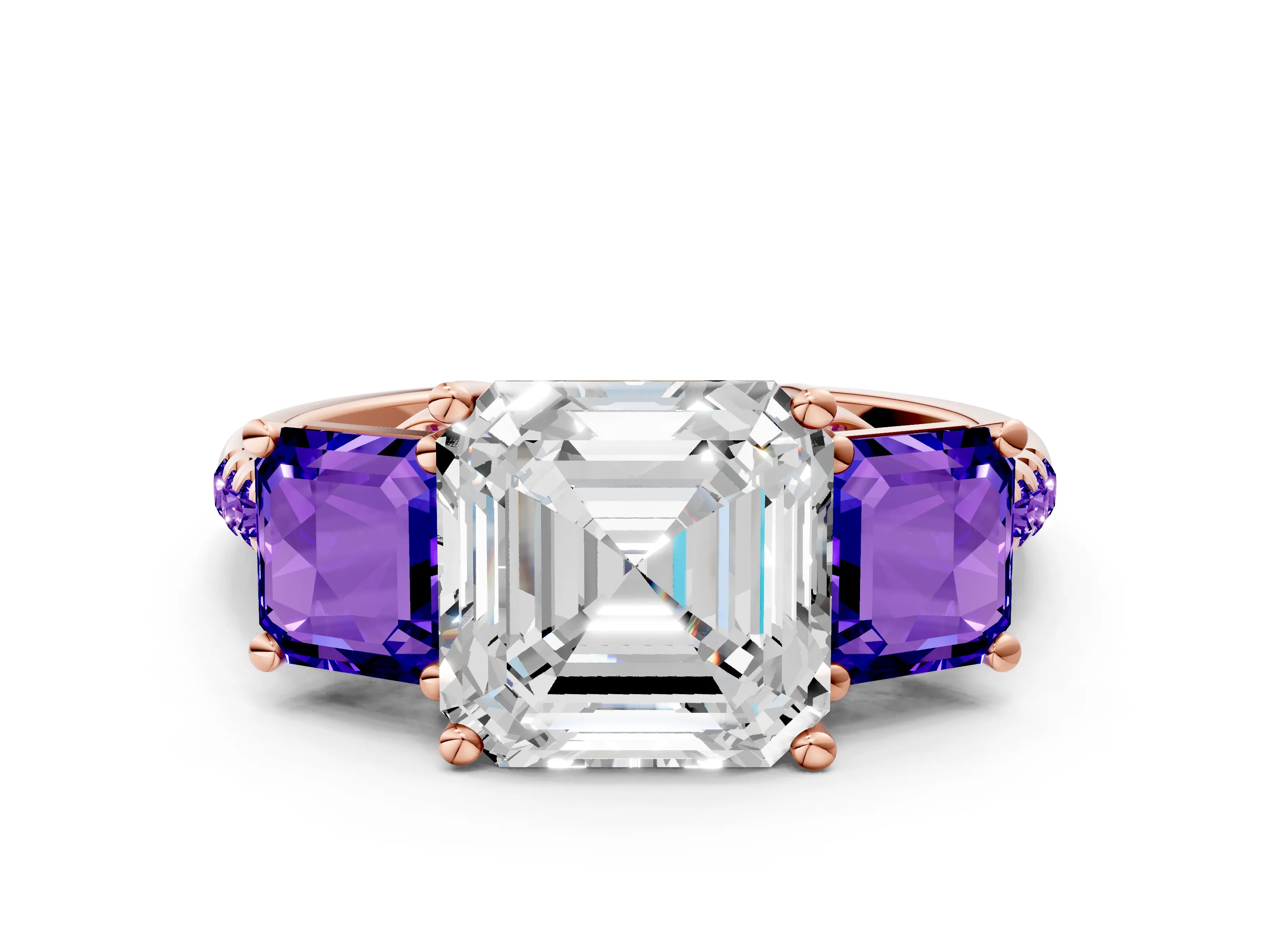 Rose gold Three-Stone Asscher Cut Diamond Ring with Round with Tanzanite side stone Pavé Band and Prong Setting