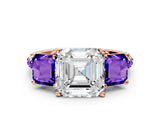 Rose gold Three-Stone Asscher Cut Diamond Ring with Round with Tanzanite side stone Pavé Band and Prong Setting