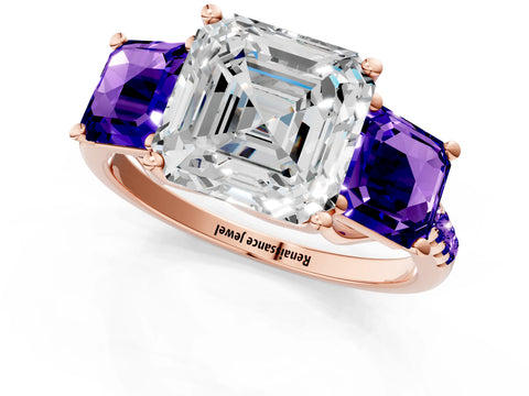 Rose gold Three-Stone Asscher Cut Diamond Ring with Round with Tanzanite side stone Pavé Band and Prong Setting_1