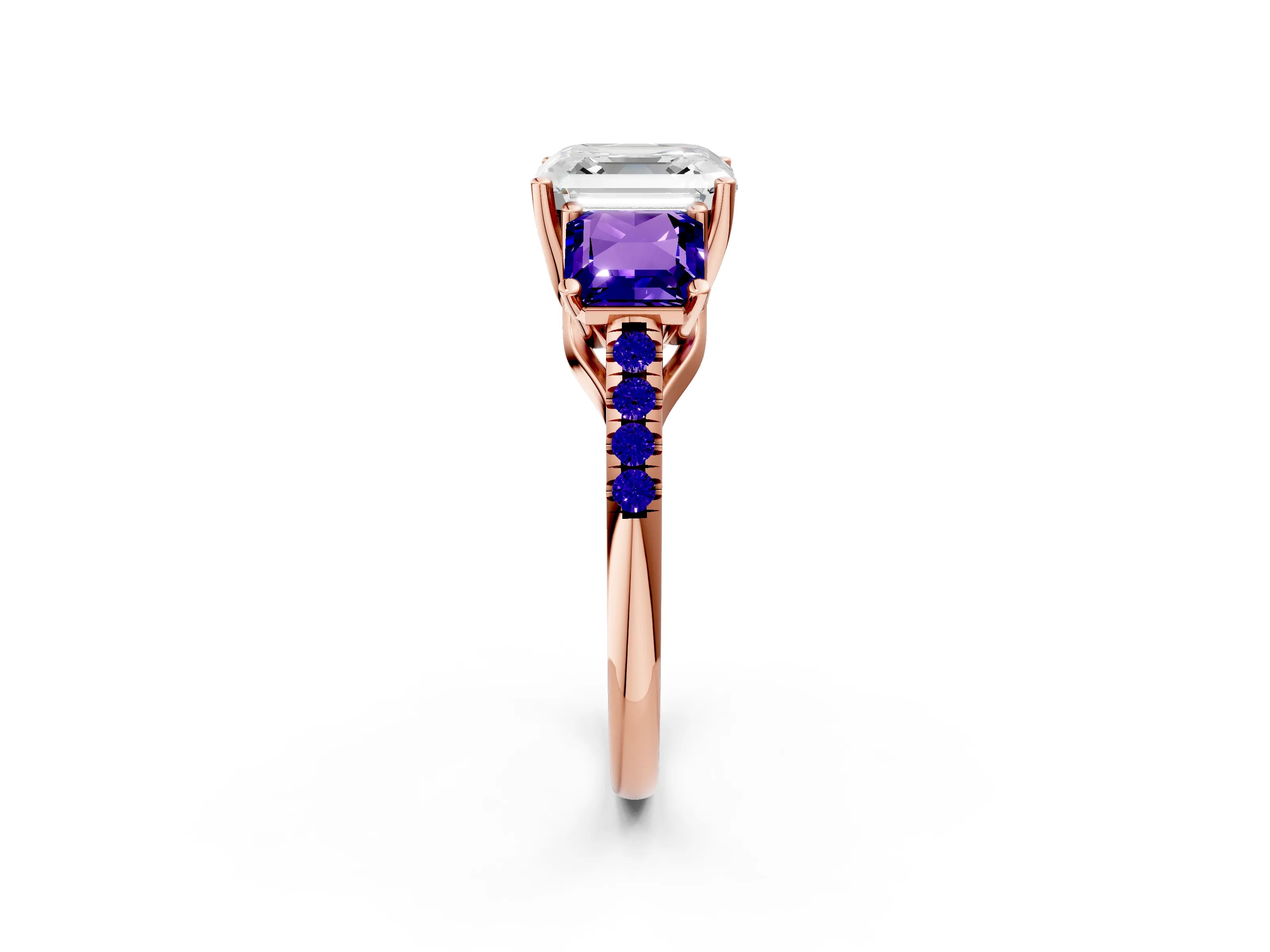 Rose gold Three-Stone Asscher Cut Diamond Ring with Round with Tanzanite side stone Pavé Band and Prong Setting_2