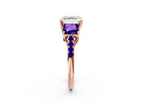 Rose gold Three-Stone Asscher Cut Diamond Ring with Round with Tanzanite side stone Pavé Band and Prong Setting_2
