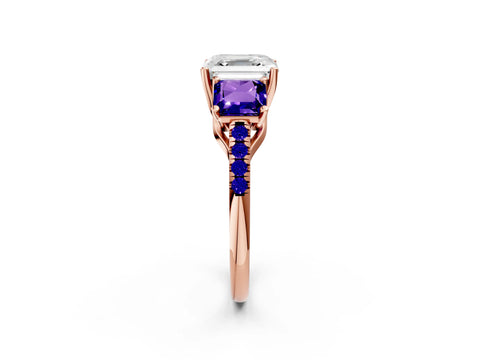 Rose gold Three-Stone Asscher Cut Diamond Ring with Round with Tanzanite side stone Pavé Band and Prong Setting_2
