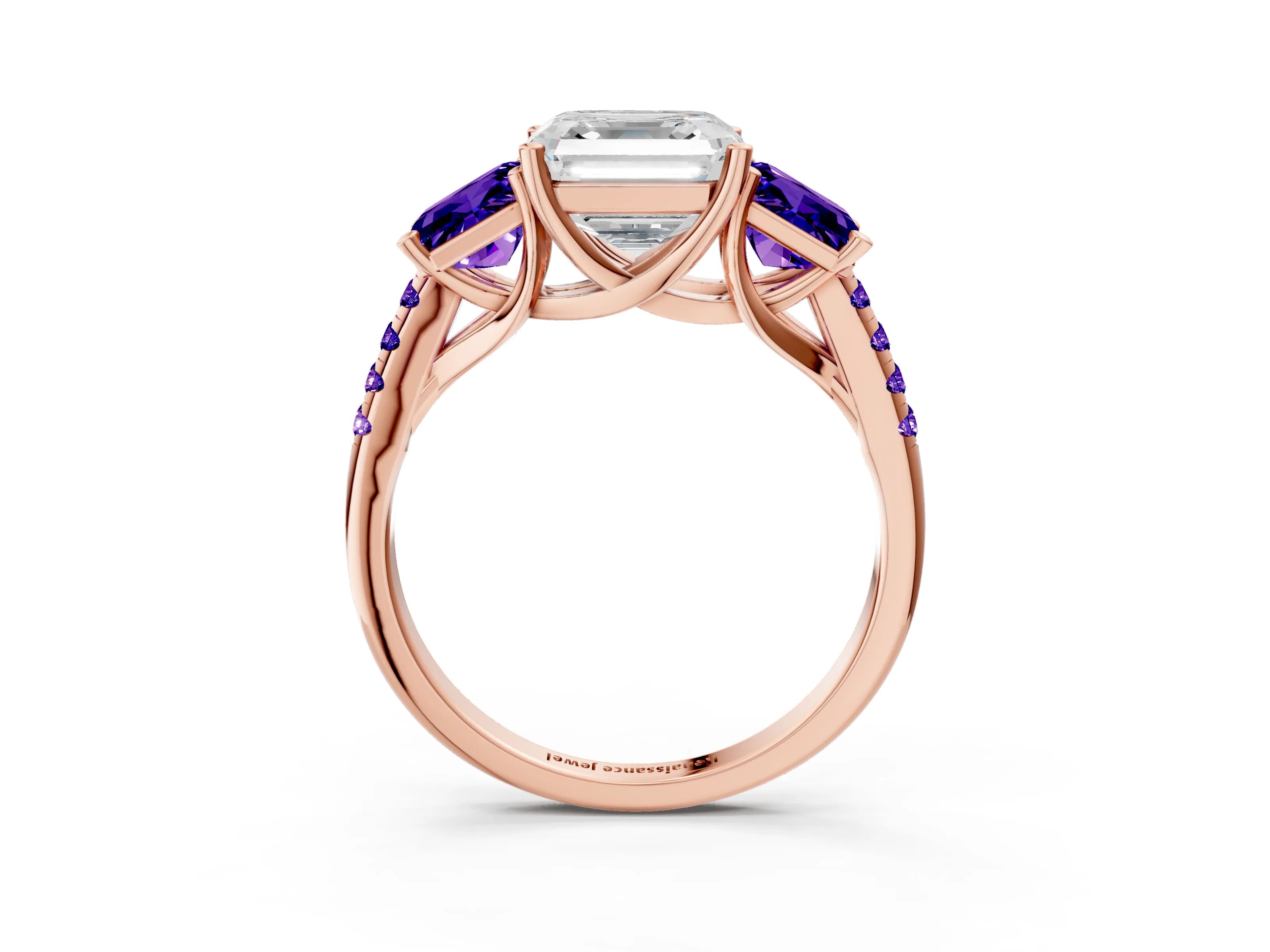 Rose gold Three-Stone Asscher Cut Diamond Ring with Round with Tanzanite side stone Pavé Band and Prong Setting_3