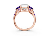 Rose gold Three-Stone Asscher Cut Diamond Ring with Round with Tanzanite side stone Pavé Band and Prong Setting_3