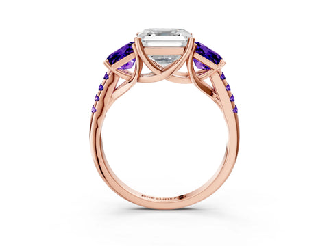 Rose gold Three-Stone Asscher Cut Diamond Ring with Round with Tanzanite side stone Pavé Band and Prong Setting_3